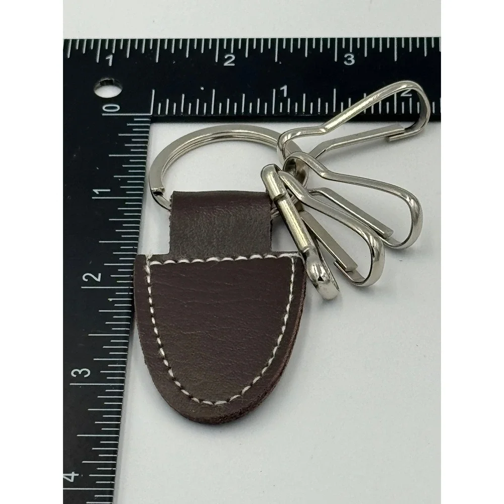 Brown Faux Leather Key Fob Keychain‎ with 4 Silver Key Clips Contrast Stitching